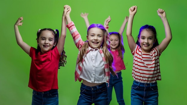 Group of active kids cheerful girls dancing isolated over green background in neon light