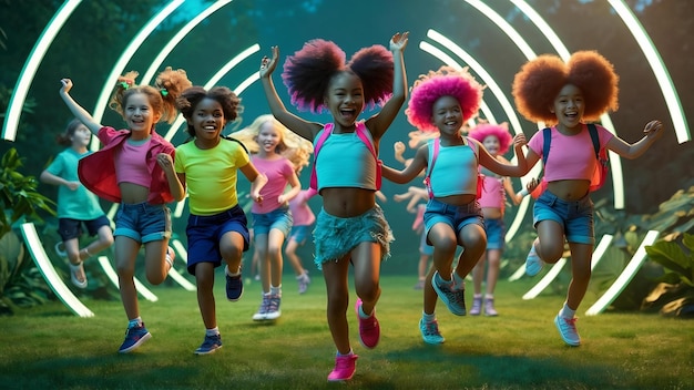 Group of active kids cheerful girls dancing isolated over green background in neon light