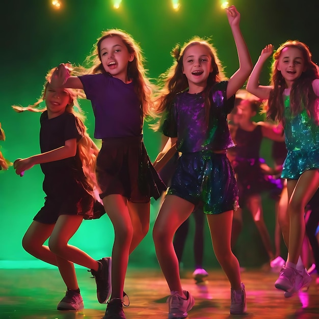 Group of active kids cheerful girls dancing isolated over green background in neon light