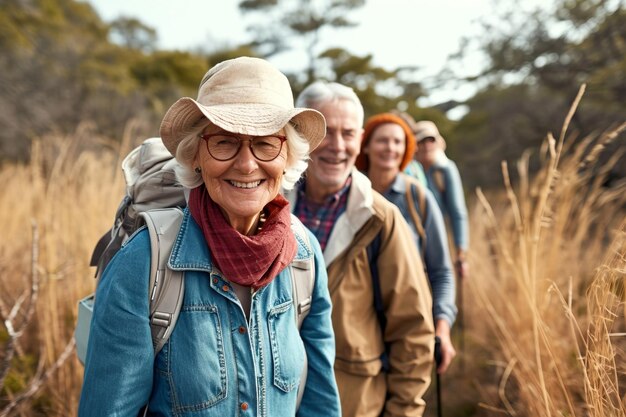 A group of active older friends enjoy hiking in the countryside walking together along a trail