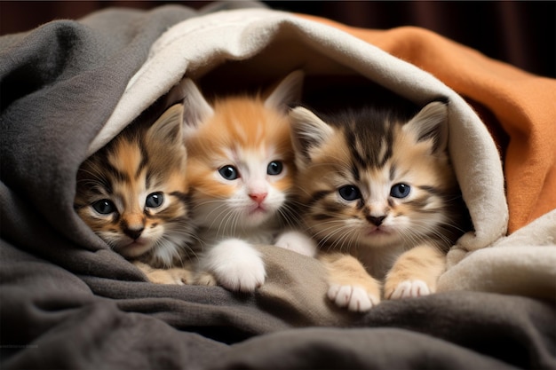 A group of adorable anime cartoon kittens snuggled together in a cozy blanket fort