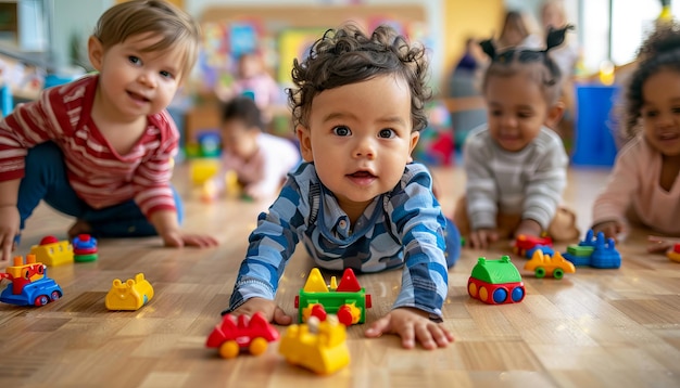 Photo group of adorable babies playing together with colorful toys on a playroom floor in the kindergarten