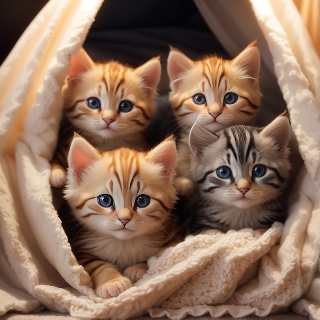 A group of adorable beautiful kittens cuddled up together in a cozy blanket fort of day