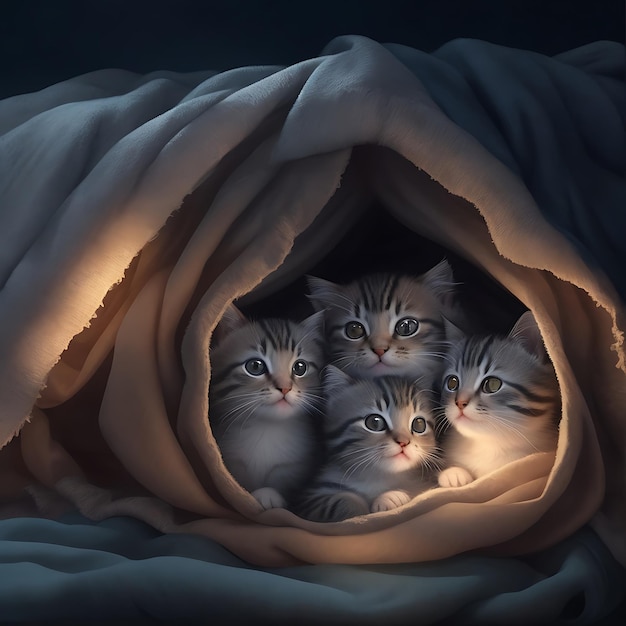 A group of adorable beautiful kittens cuddled up together in a cozy blanket fort of night