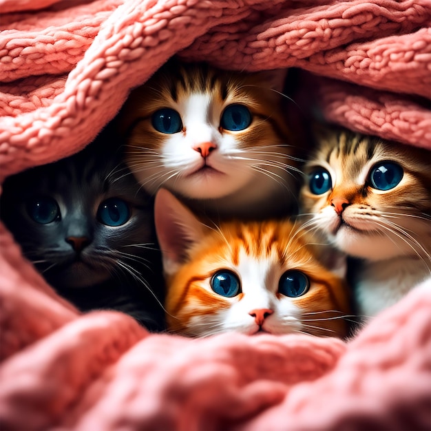 A group of adorable cats cuddled up together in a cozy blanket fort