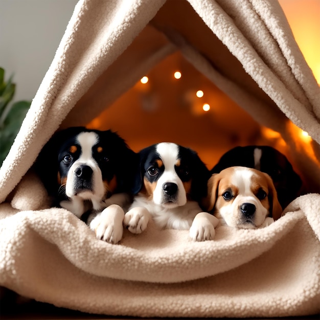 A group of adorable dogs cuddled up together in a cozy blanket fort