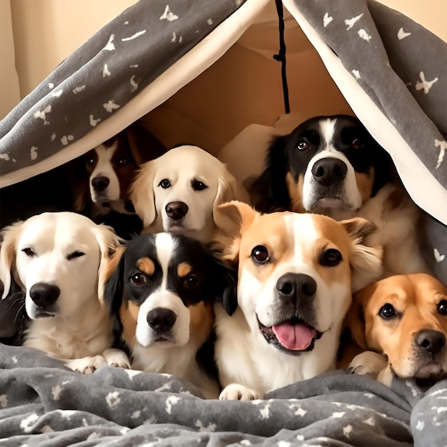 A group of adorable dogs cuddled up together in a cozy blanket fort