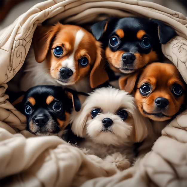 A group of adorable dogs cuddled up together in a cozy blanket fort