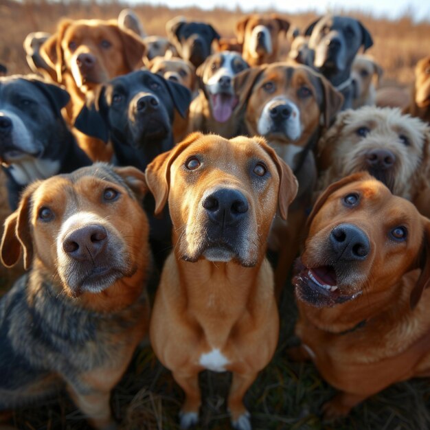 Foto un gruppo di adorabili cani che guardano in alto