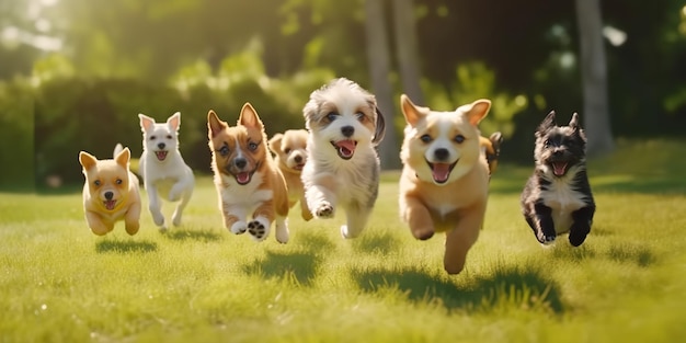 Group of adorable dogs playing and running about on a park's lush grass Generative Ai