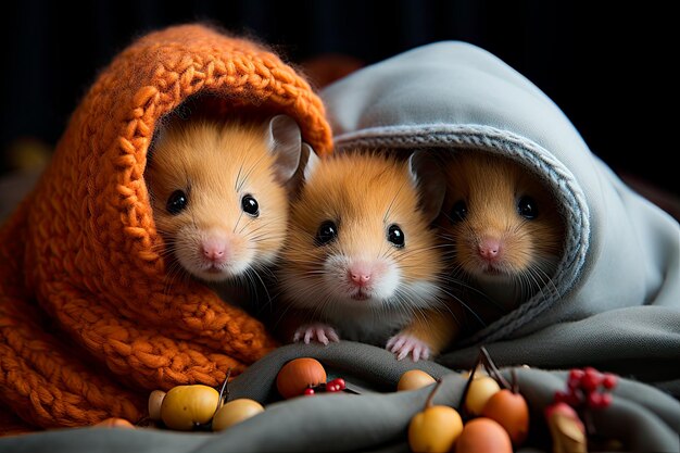 A group of adorable hamsters snuggling in a cozy blanket fort