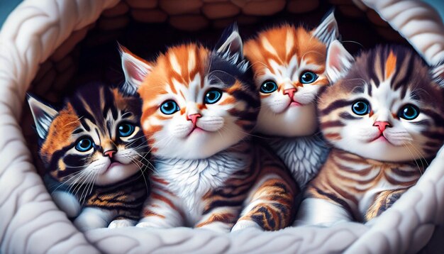 Photo group of adorable kittens cuddled up in a cozy blanket fort a snuggly kittycat haven for comfort