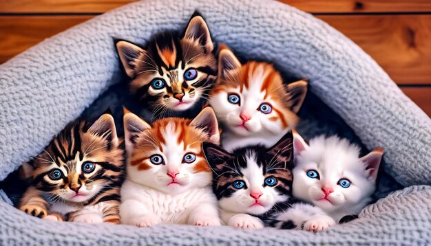 Photo group of adorable kittens cuddled up in a cozy blanket fort a snuggly kittycat haven for comfort