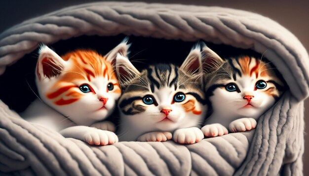 Foto gruppo di adorabili gattini rannicchiati in un'accogliente coperta, un accogliente rifugio per gattini per il massimo comfort