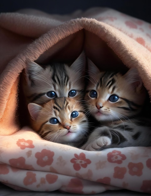 Photo a group of adorable kittens cuddled up together adorable kittens cuddled under a blanket