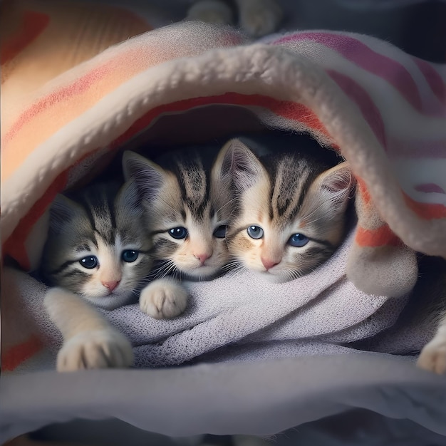 A group of adorable kittens cuddled up together in a blanket ai generated