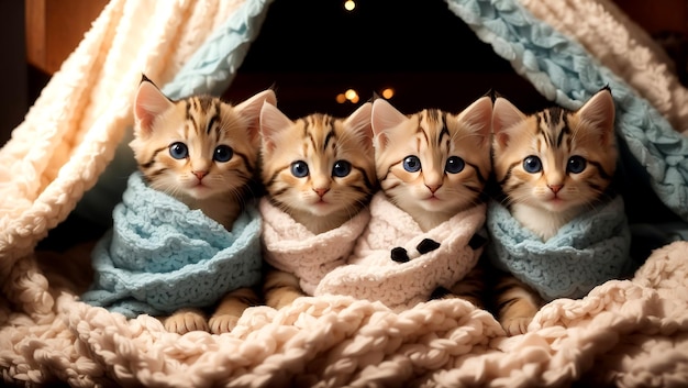 Создана группа очаровательных котят, прижавшихся друг к другу в уютном одеяле.