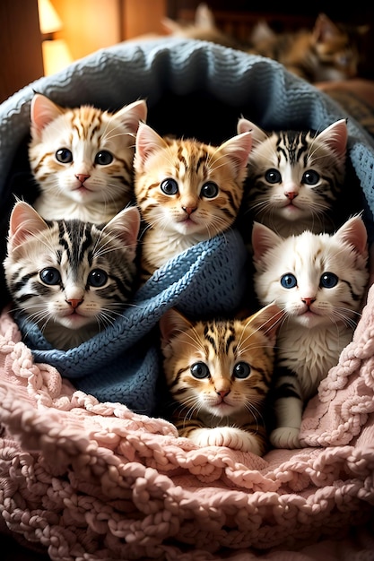 AI が生成した居心地の良い毛布の中で寄り添う愛らしい子猫のグループ