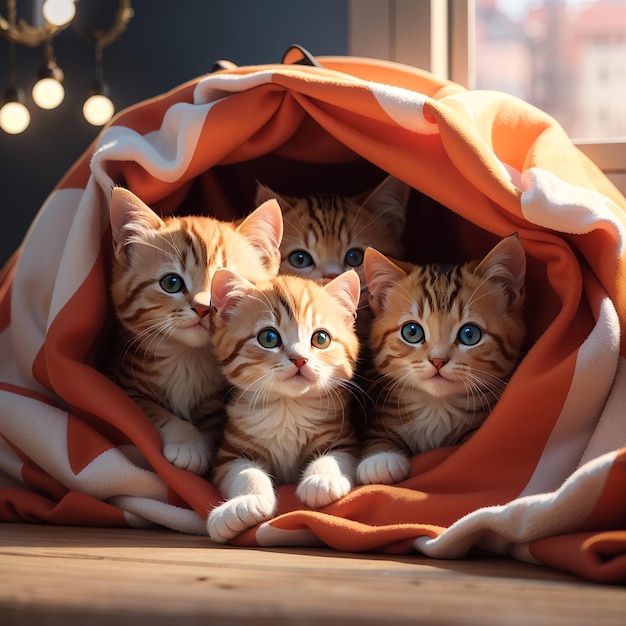 A group of adorable kittens cuddled up together in a cozy blanket fort art