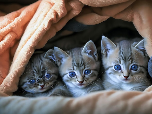 Photo a group of adorable kittens cuddled up together in a cozy blanket fort