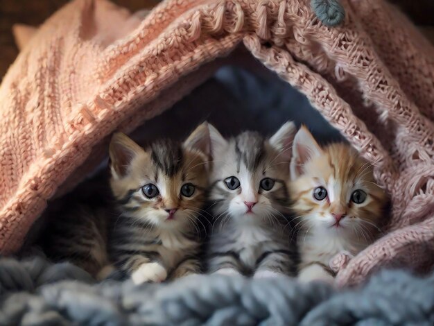 Photo a group of adorable kittens cuddled up together in a cozy blanket fort