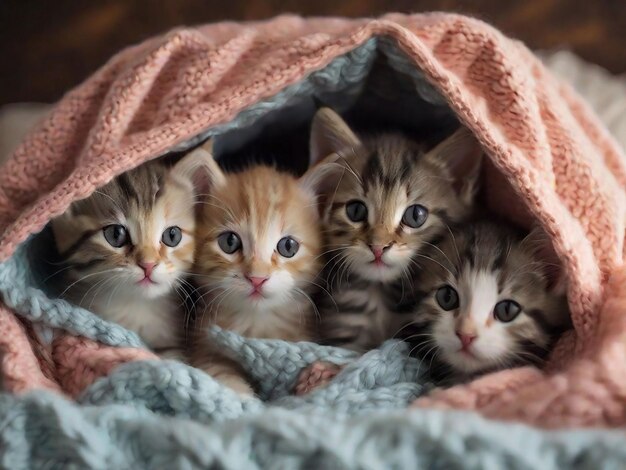 Foto un gruppo di adorabili gattini abbracciati insieme in un accogliente forte di coperte