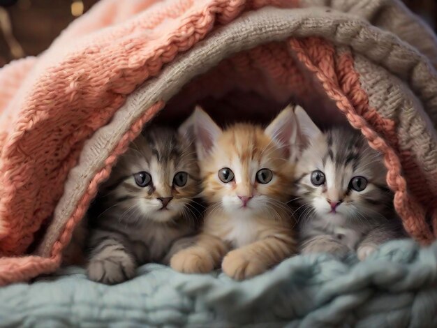 Foto un gruppo di adorabili gattini abbracciati insieme in un accogliente forte di coperte