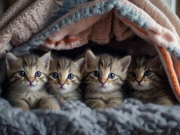 Photo a group of adorable kittens cuddled up together in a cozy blanket fort