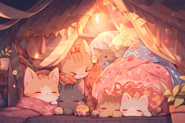 A group of adorable kittens cuddled up together in a cozy blanket fort