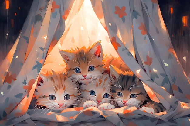 A group of adorable kittens cuddled up together in a cozy blanket fort