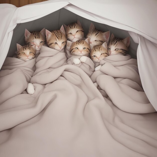 A group of adorable kittens cuddled up together in a cozy blanket fort