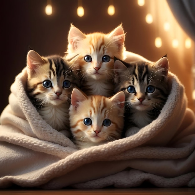 A group of adorable kittens cuddled up together in a cozy blanket fort