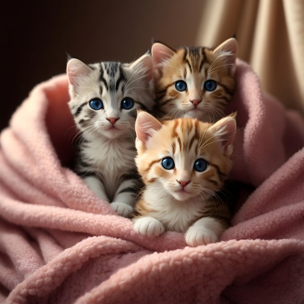 A group of adorable kittens cuddled up together in a cozy blanket fort