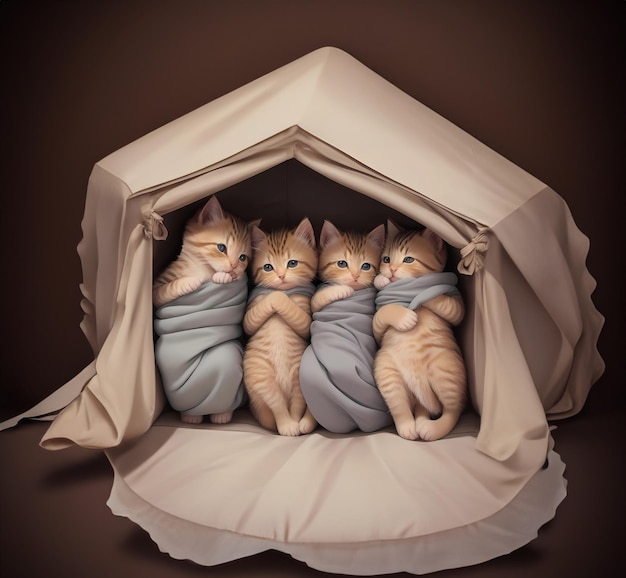 Группа очаровательных котят, прижавшихся друг к другу в уютном форте из одеял.