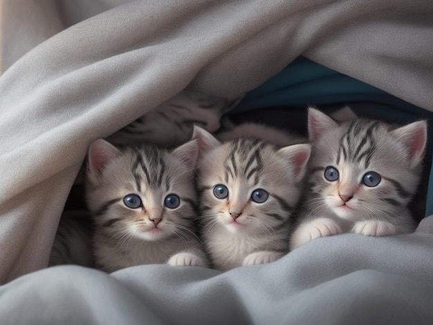 A group of adorable kittens cuddled up together in a cozy blanket fort