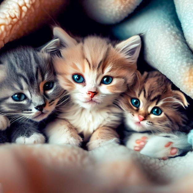 Photo a group of adorable kittens cuddled up together in a cozy blanket fort