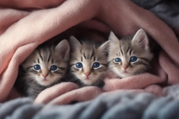 Группа очаровательных котят, прижавшихся друг к другу в уютном форте из одеял.