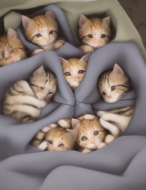 A group of adorable kittens cuddled up together in a cozy blanket fort