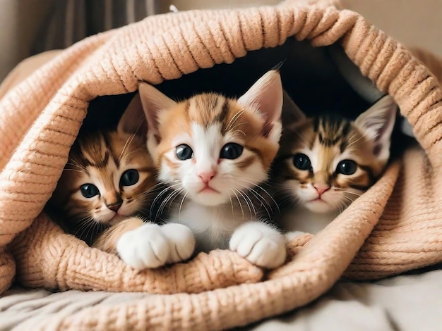 A group of adorable kittens cuddled up together in a cozy blanket fort