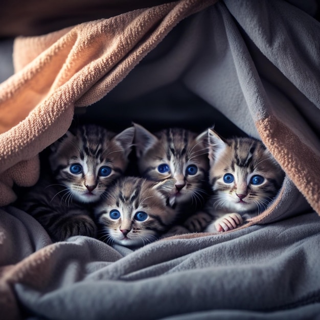 A group of adorable kittens cuddled up together in a cozy blanket fort