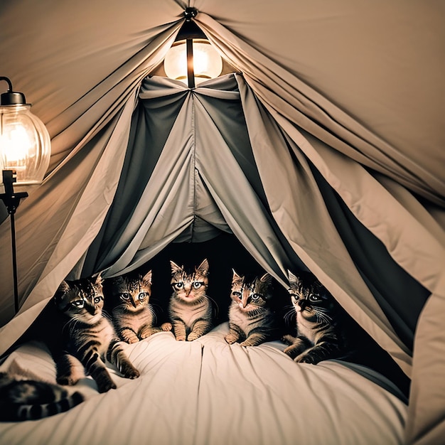 A group of adorable kittens cuddled up together in a cozy blanket fort