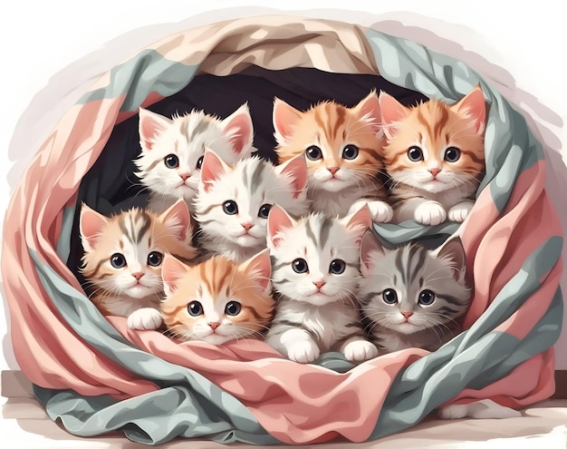 A group of adorable kittens cuddled up together in a cozy blanket fort