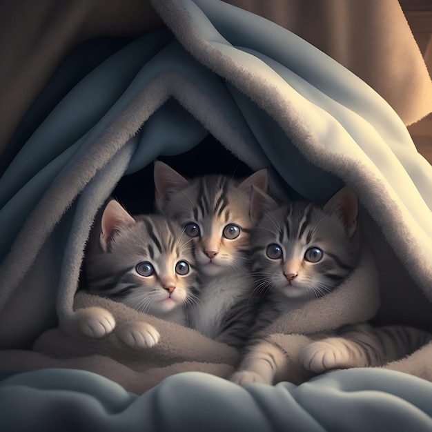 A group of adorable kittens cuddled up together in a cozy blanket fort