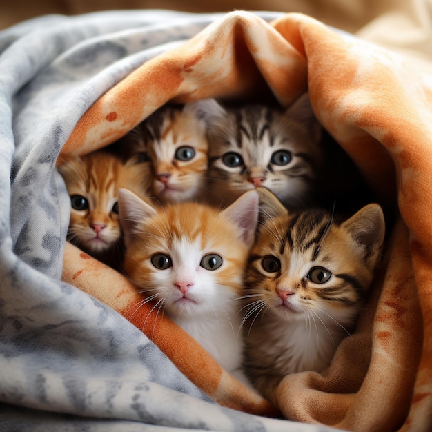 아늑한 담요 요새에서 함께 껴안은 사랑스러운 새끼 고양이 그룹