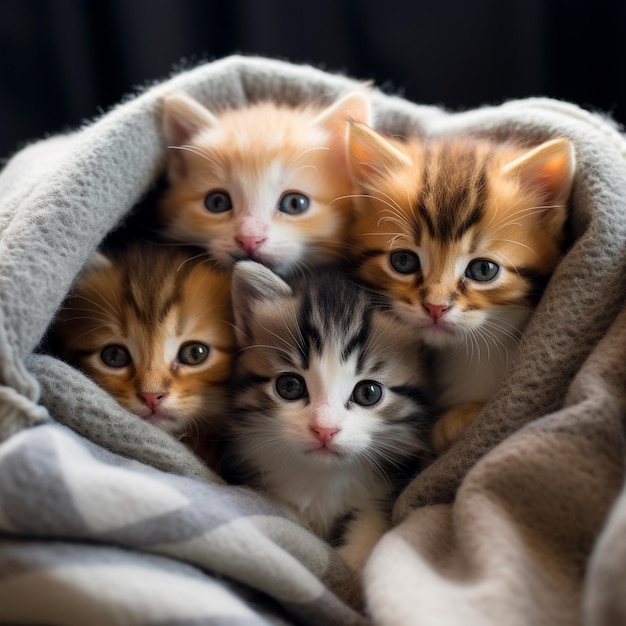 아늑한 담요 요새에서 함께 껴안은 사랑스러운 새끼 고양이 그룹