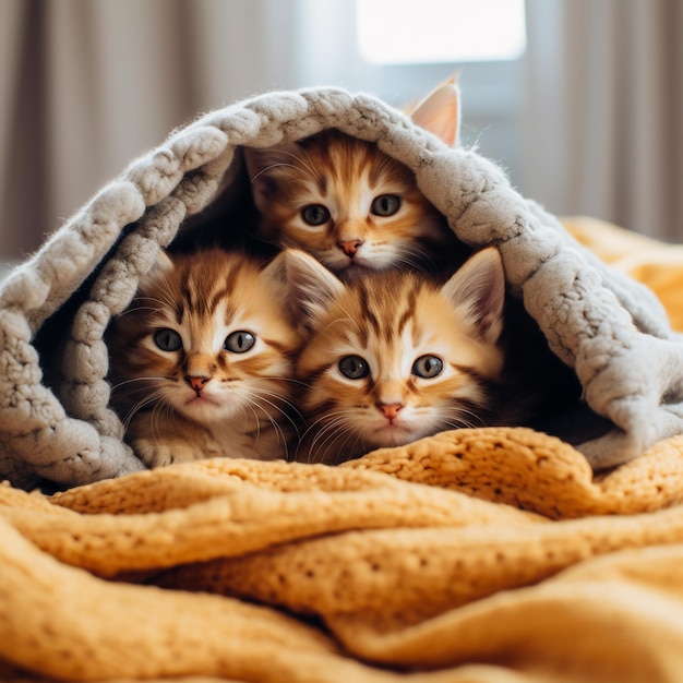 A group of adorable kittens cuddled up together in a cozy blanket Generative AI