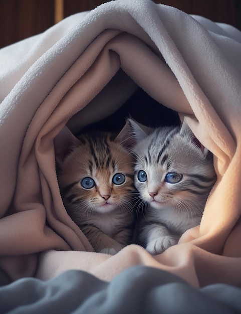居心地の良い毛布の中で寄り添う愛らしい子猫のグループ