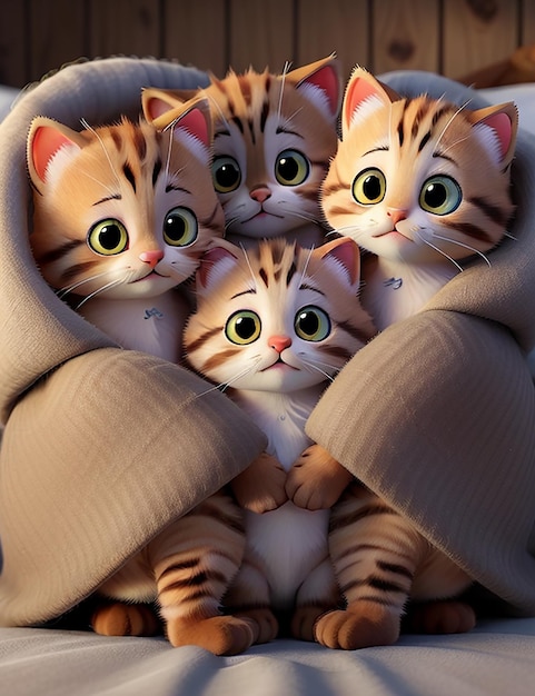 group of adorable kittens cuddled up together in a cozy blanket