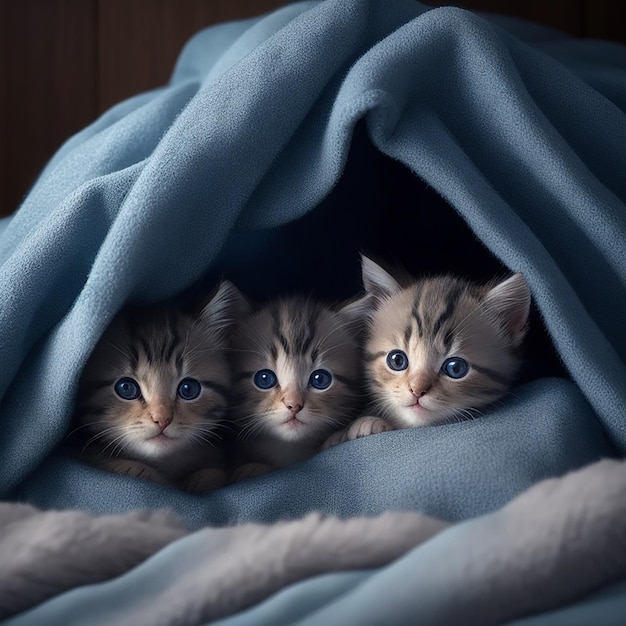 居心地の良い毛布の中で寄り添う愛らしい子猫のグループ