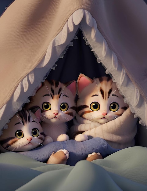 Group of adorable kittens cuddled up together in a cozy blanket